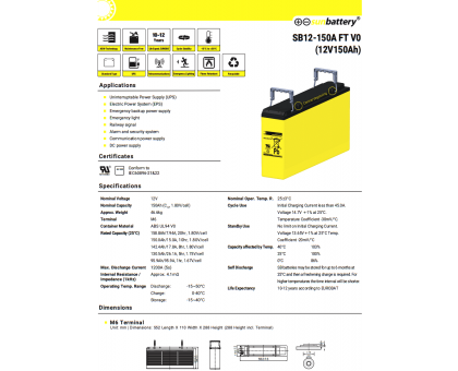 Аккумулятор SUN Battery AGM SB12-150A FT V0 (2032785) 