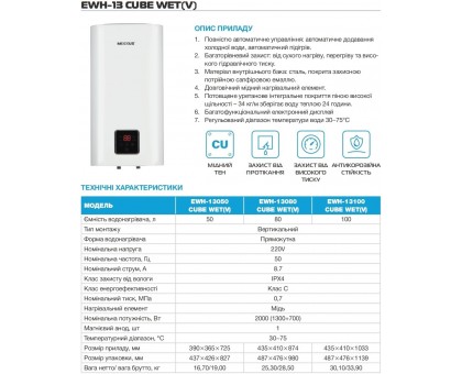 Бойлер вертикальный квадратный Mixxus EWH-13050 CUBE WET(V) 50 л мокрый Тен 2 кВт (WH0611)