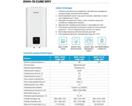 Бойлер вертикальный квадратный Mixxus EWH-15050 CUBE DRY 50 л сухой Тен 2 кВт (WH0617)