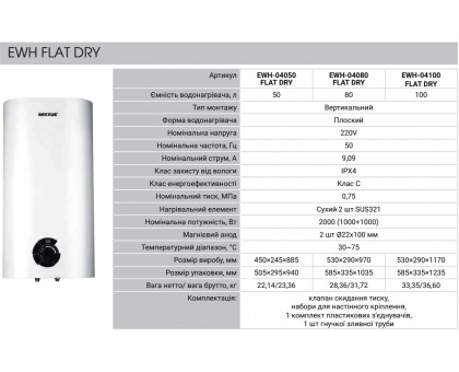 Плоский водонагреватель MIXXUS EWH-04050 Flat Dry 50 л (WH0017)