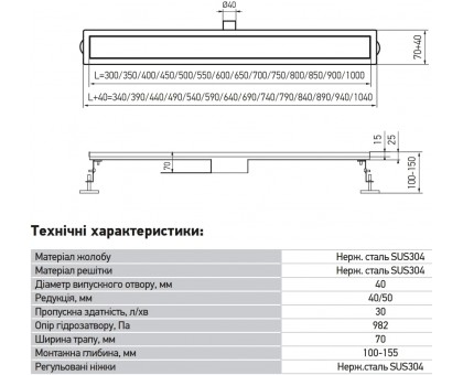 Душевой трап KOER FD35-70×800 (KR3280) из нержавеющей стали с комбинированным затвором 