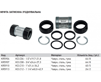 Чавунна затискна муфта з'єднувальна Koer KCI.C06-1/2"x19,7-21,8 (KR5904)
