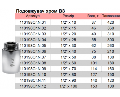 Подовжувач HLV-110198Cr.N.01 В/З 1/2"x10 мм хром