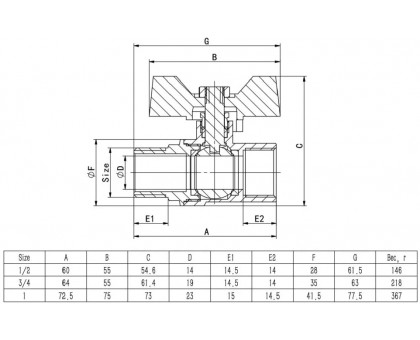 Кран шаровый ITAL 1/2" НВ PN40 (IB110111) бабочка, никель