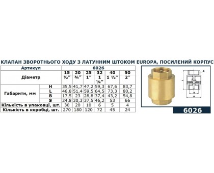 Обратный клапан SOLOMON EUROPA 1/2″ В/В (6026) с латунным штоком