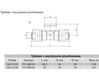 Обжимной ﻿тройник с внутренней резьбой Raftec 20x1/2"x20 ВВ TV-200120