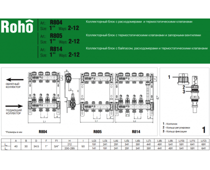 Коллектор теплого пола ROHO R804-02 1"х2 выхода