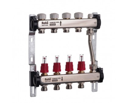 Колектор теплої підлоги з байпасом ROHO R814-04 1"х 3/4"ЄК AISI304