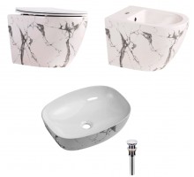 Комплект Qtap Robin Marble 3 в 1 унитаз (QT13332381АSMR) биде (QT13551381GMR) раковина (QT04116302MR)