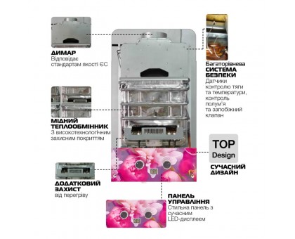 Колонка газова димохідна MIXXUS GWH-0410 BASIC GLASS 10 л/хв (WH0025) панель зі скла з квітами