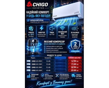 Кондиционер Chigo Gloria 302 CS-25V3G-G3A02A DC R32 Wi-Fi -20°С