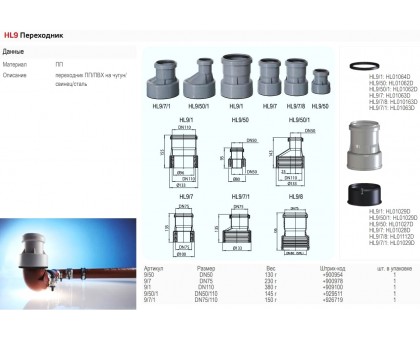 Перехідник HL9/1 DN110 ПП/ПВХ на чавун