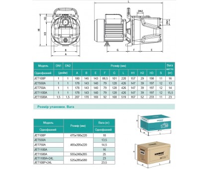 Насосна станція SHIMGE JET1100A 1.1 кВт, Нmax 48 м, Qmax 75 л/хв, бак 24 л