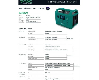 Портативная зарядная станция V-TAC Power Station VT-606N 600Вт
